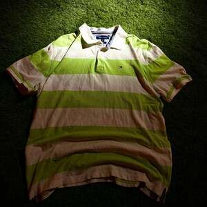 Tommy Hilfiger Men's Green and White Striped Short Sleeve Polo Shirt